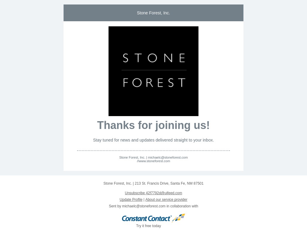 Screenshot of email sent to a Stone Forest Newsletter subscriber