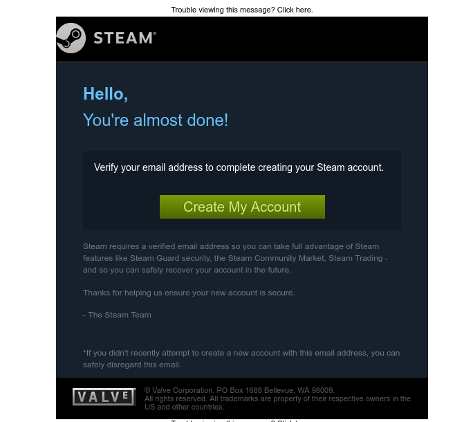 Screenshot of email sent to a Steam Registered user