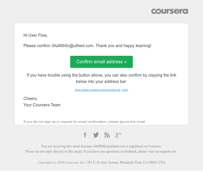 Screenshot of email sent to a Coursera Registered user