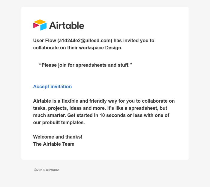 Screenshot of email sent to a Airtable Invited user