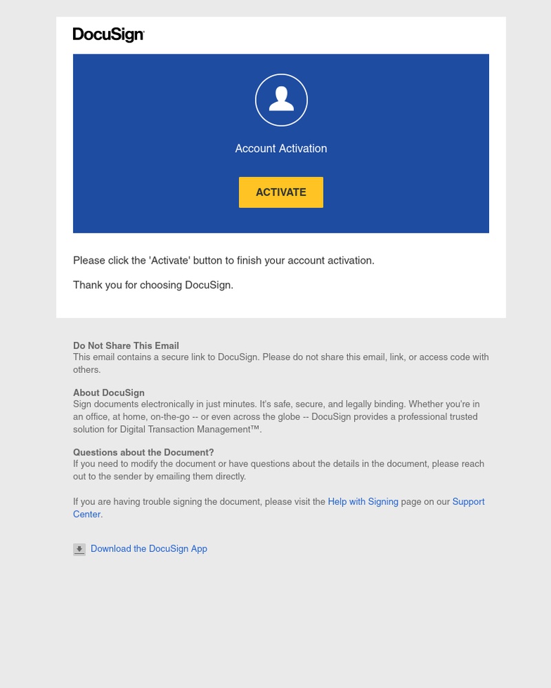 Screenshot of email sent to a DocuSign Trial user