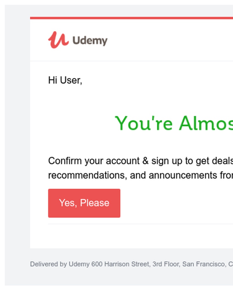 Screenshot of email sent to a Udemy Registered user