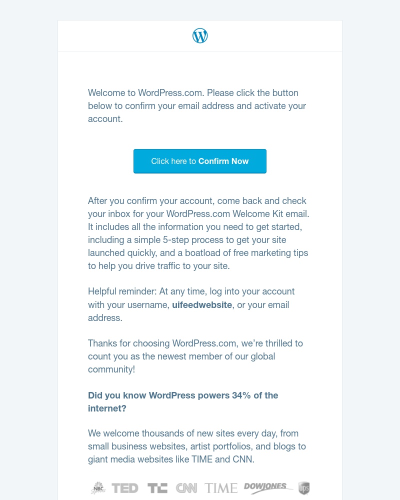 Screenshot of email sent to a WordPress Registered user