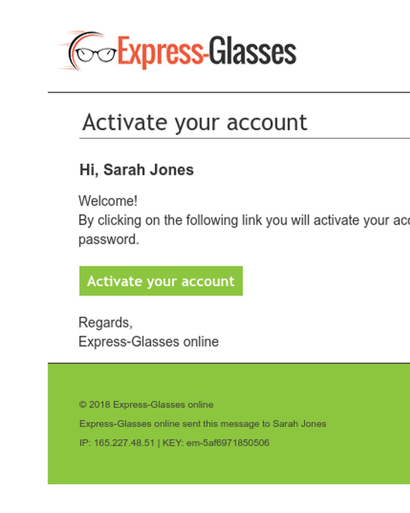Screenshot of email sent to a Express Glasses Registered user