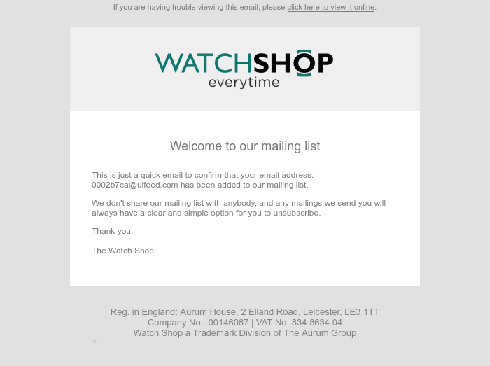 Screenshot of email sent to a Watch Shop Newsletter subscriber