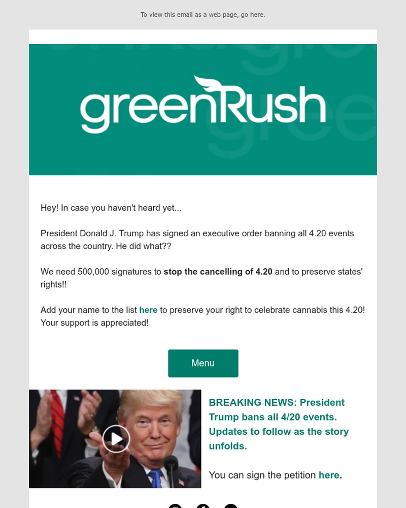 Screenshot of email sent to a GreenRush Registered user