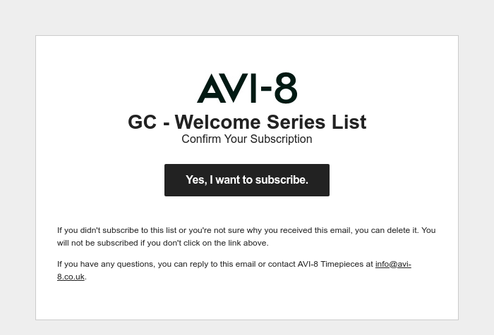 Screenshot of email sent to a AVI-8 Newsletter subscriber