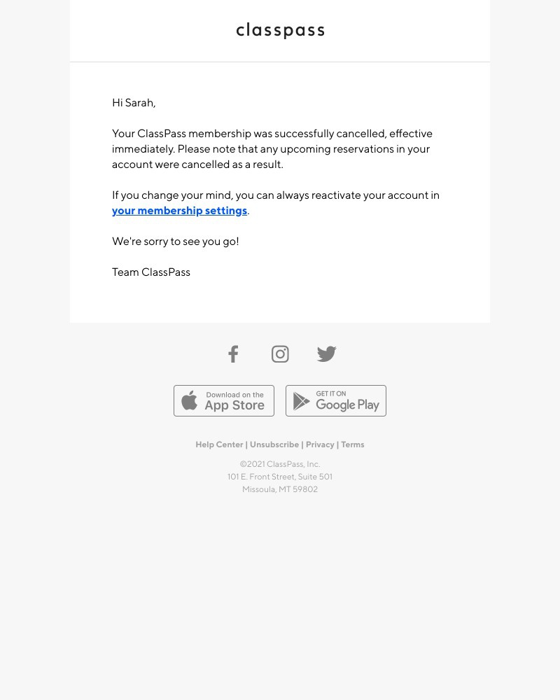 Screenshot of email sent to a ClassPass Registered user