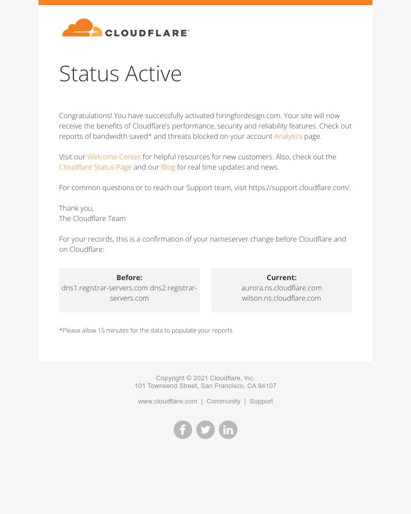 Screenshot of email sent to a Cloudflare Registered user