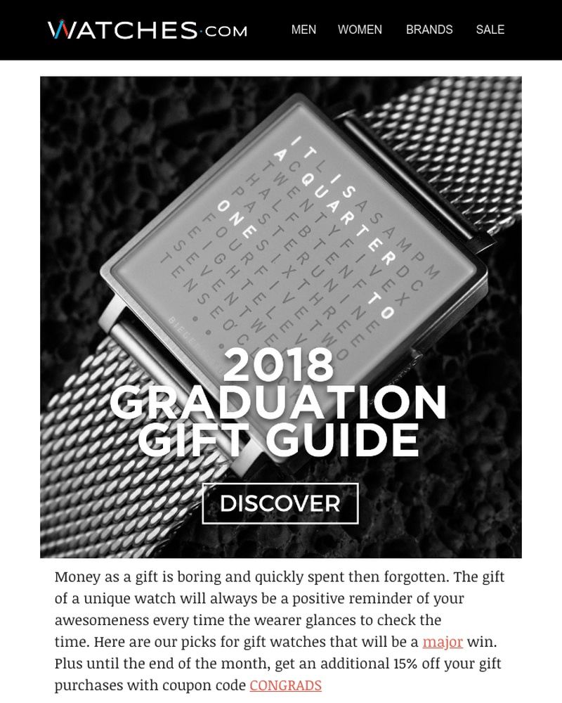 Screenshot of email sent to a Watches.com Newsletter subscriber