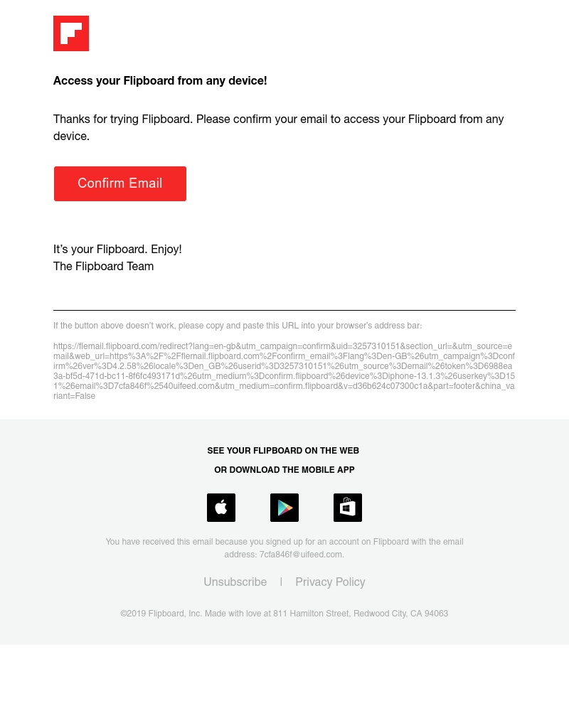 Screenshot of email sent to a Flipboard Registered user
