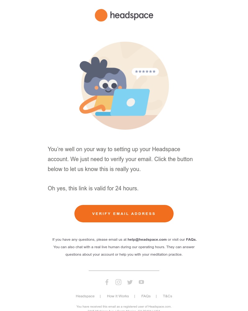 Screenshot of email sent to a Headspace Registered user