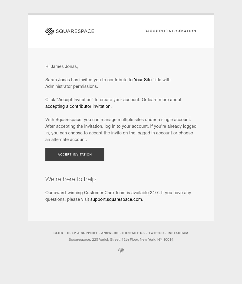 Screenshot of email sent to a Squarespace Invited user