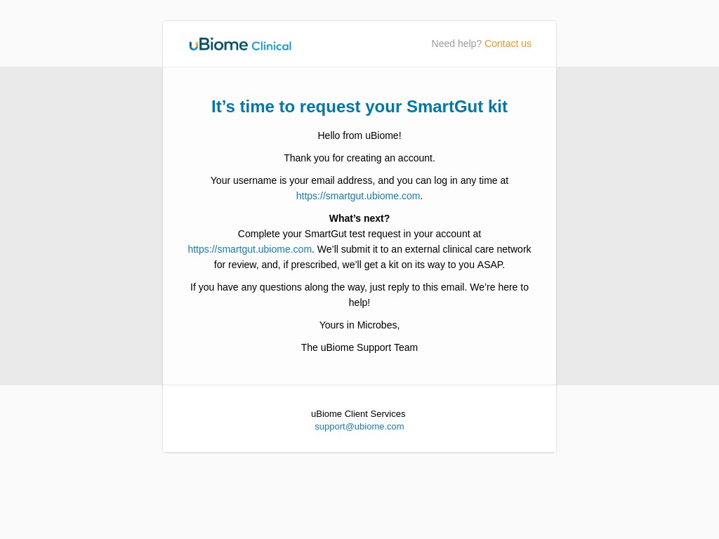 Screenshot of email sent to a uBiome Registered user