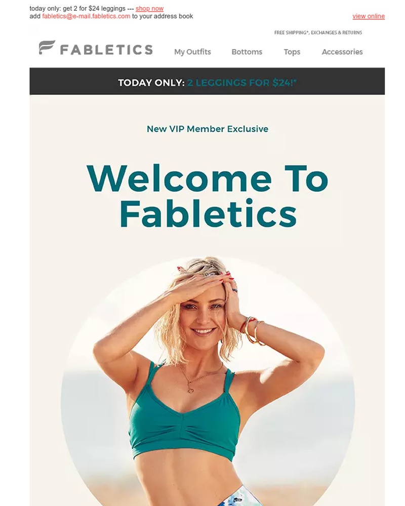 Screenshot of email sent to a Fabletics Registered user