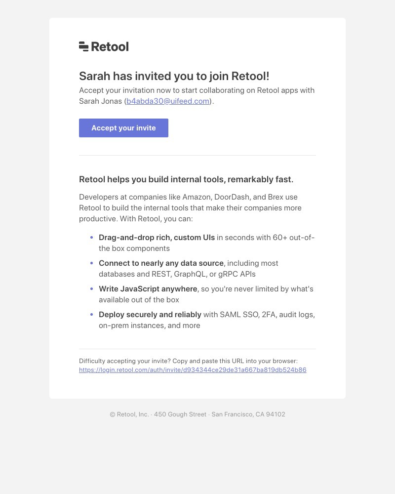 Screenshot of email sent to a Retool Invited user