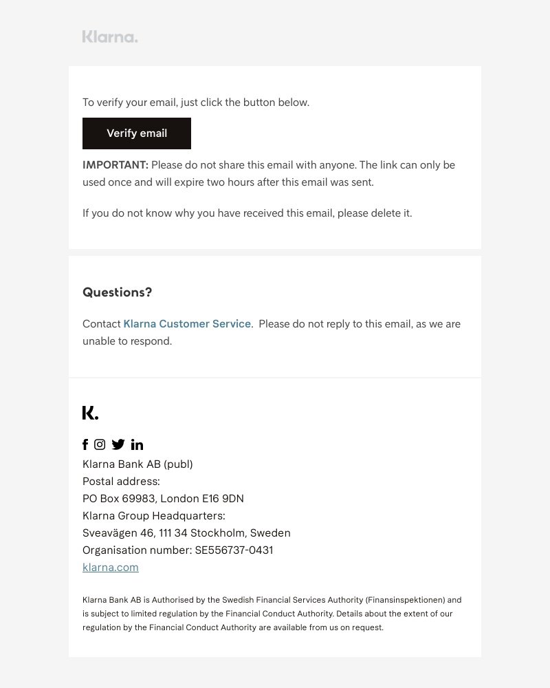 Screenshot of email sent to a Klarna Registered user