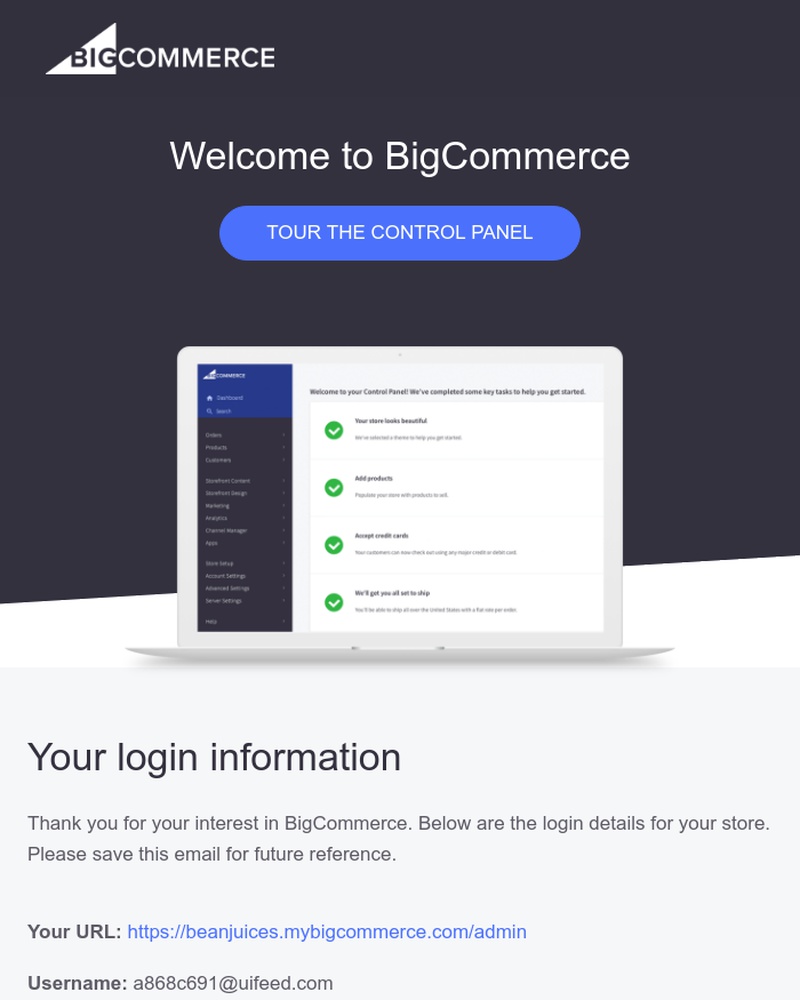 Screenshot of email sent to a BigCommerce Trial user