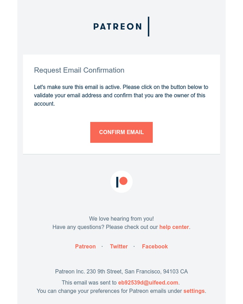 Screenshot of email sent to a Patreon Creator