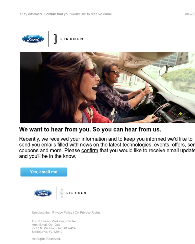 Screenshot of email sent to a Ford Newsletter subscriber