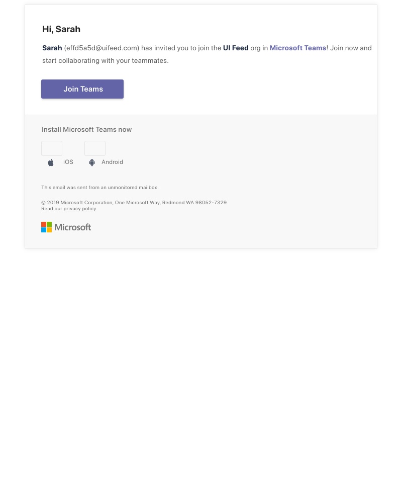 Screenshot of email sent to a Microsoft Teams Invited user