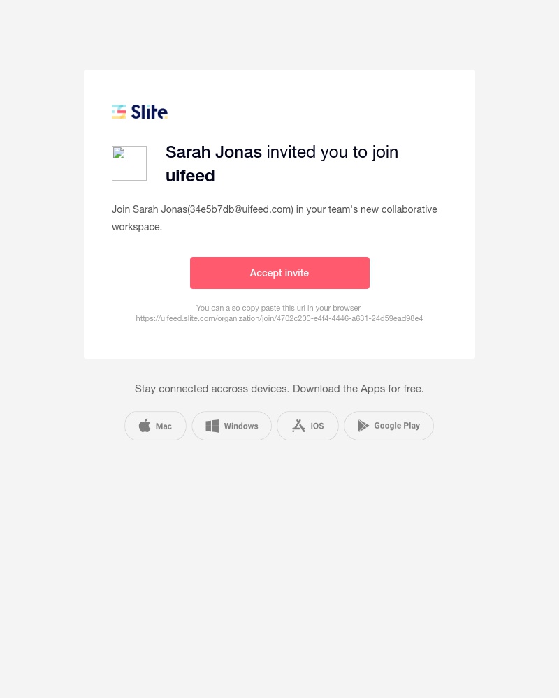 Screenshot of email sent to a Slite Invited user