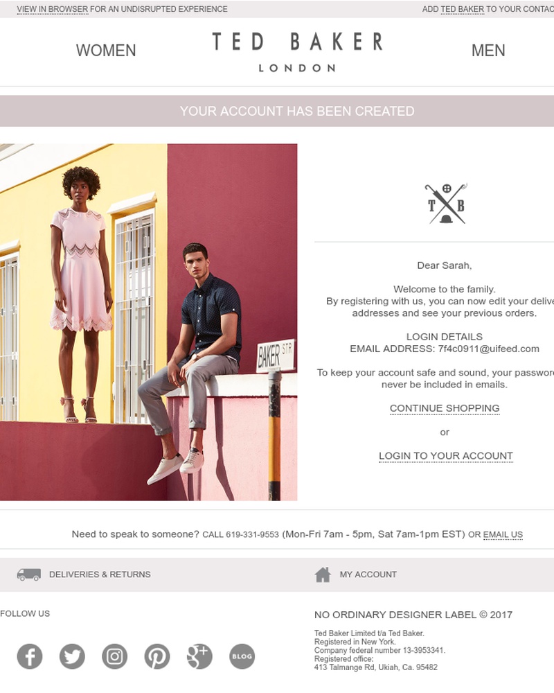 Screenshot of email sent to a Ted Baker Newsletter subscriber