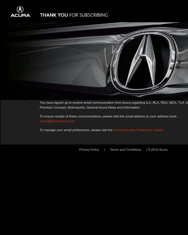Screenshot of email sent to a Acura Newsletter subscriber