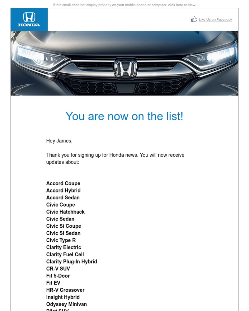 Screenshot of email sent to a Honda Newsletter subscriber