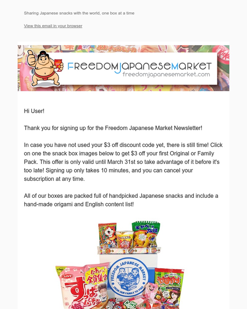 Screenshot of email sent to a Freedom Japanese Market Newsletter subscriber
