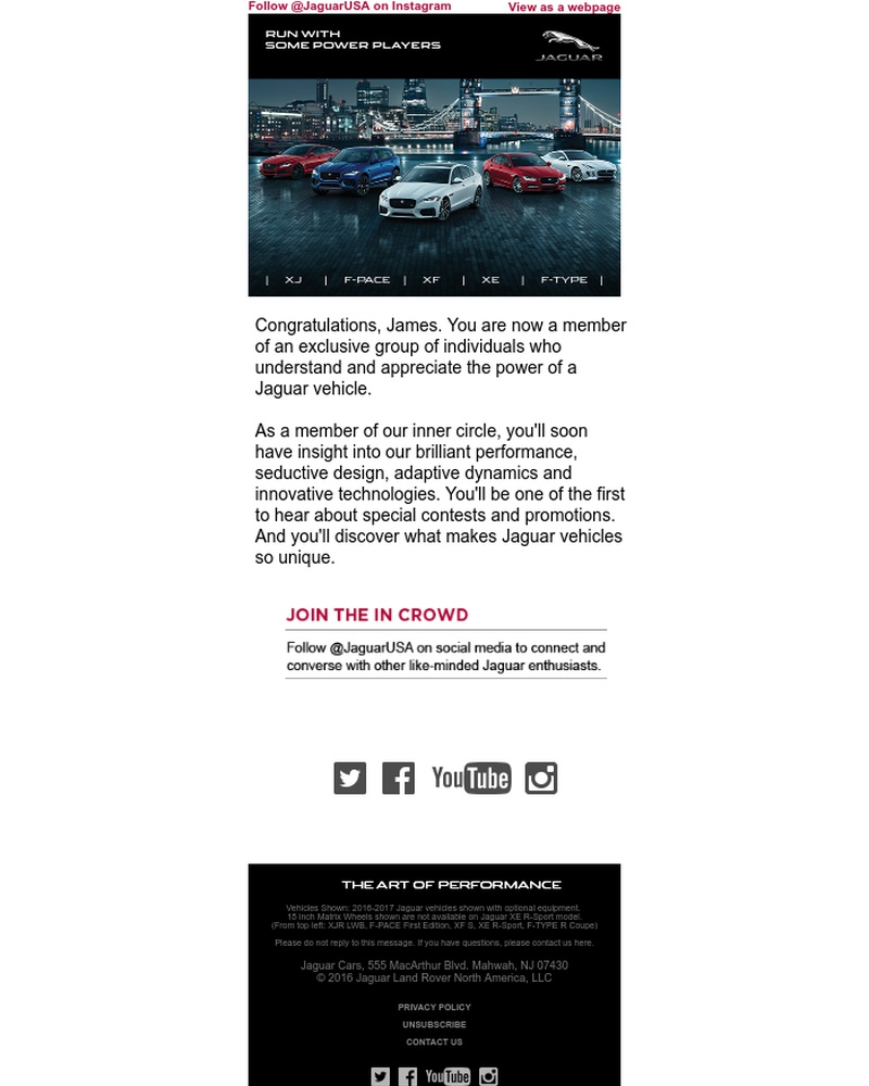 Screenshot of email sent to a Jaguar Newsletter subscriber