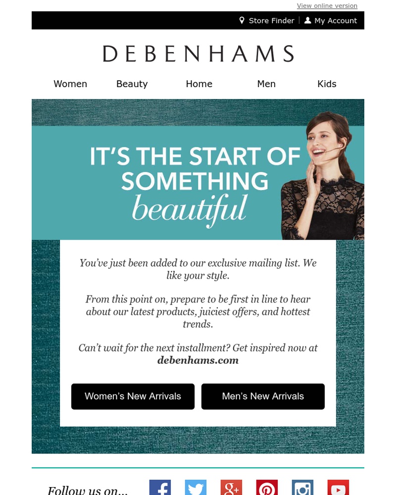 Screenshot of email sent to a Debenhams Newsletter subscriber