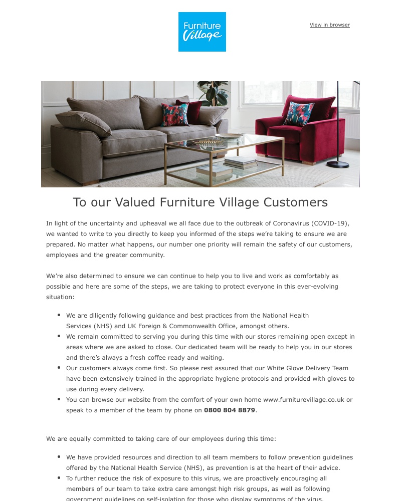 Screenshot of email sent to a Furniture Village Cart abandoner