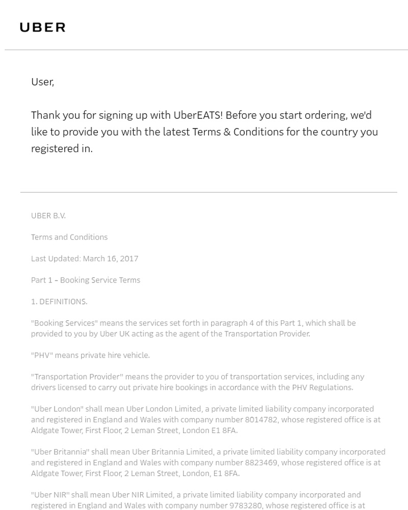 Screenshot of email sent to a Uber Eats Registered user