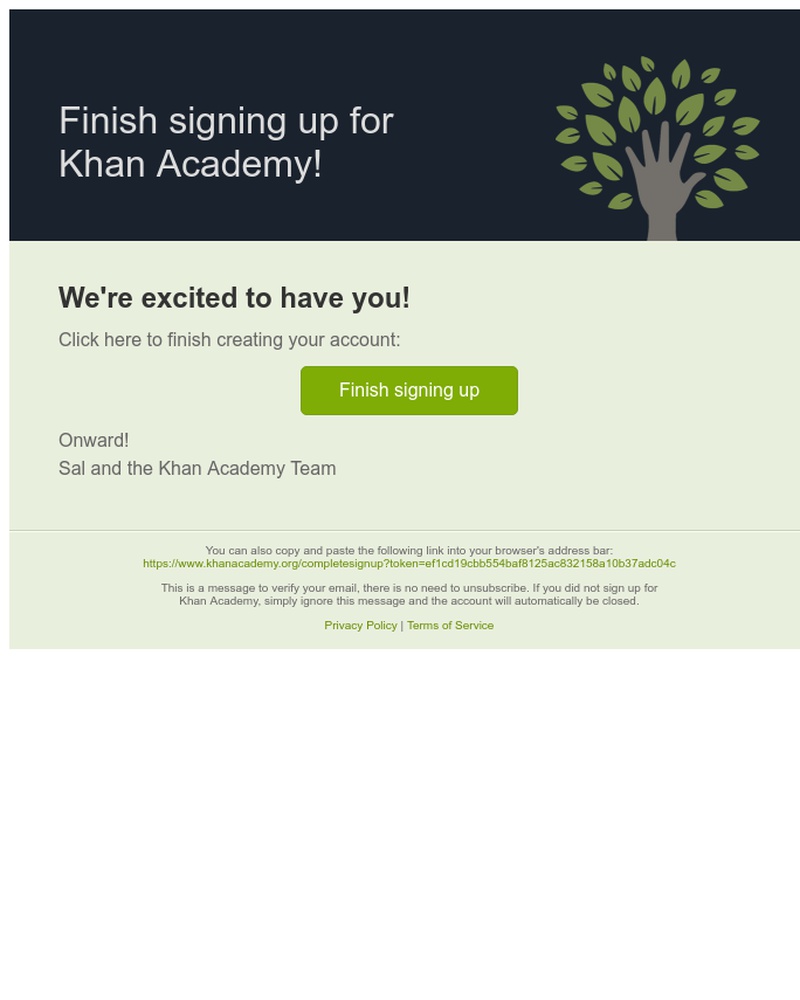 Screenshot of email sent to a Khan Academy Registered user