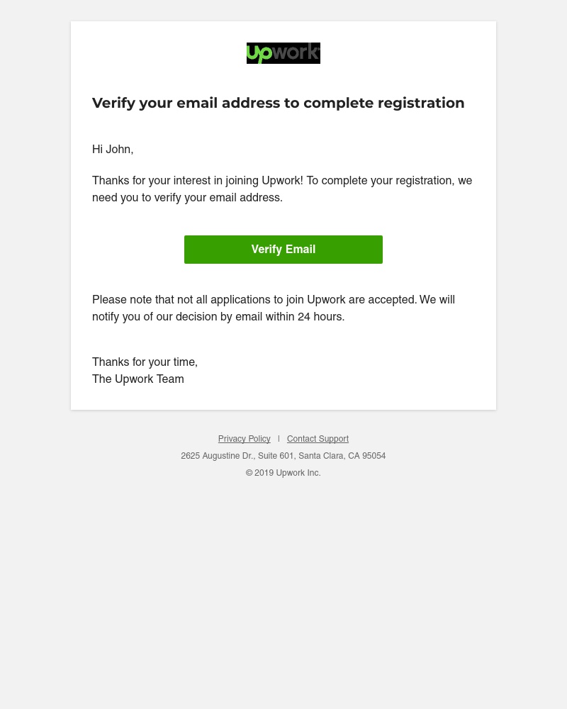 Screenshot of email sent to a Upwork Registered user