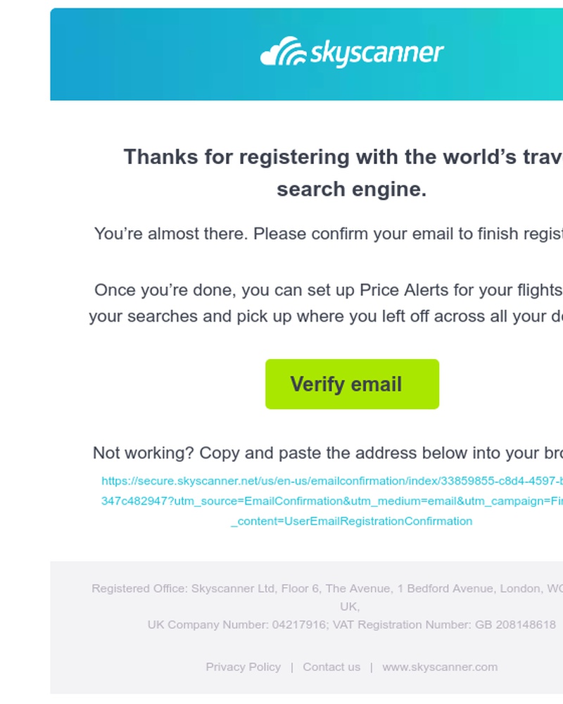 Screenshot of email sent to a Skyscanner Registered user