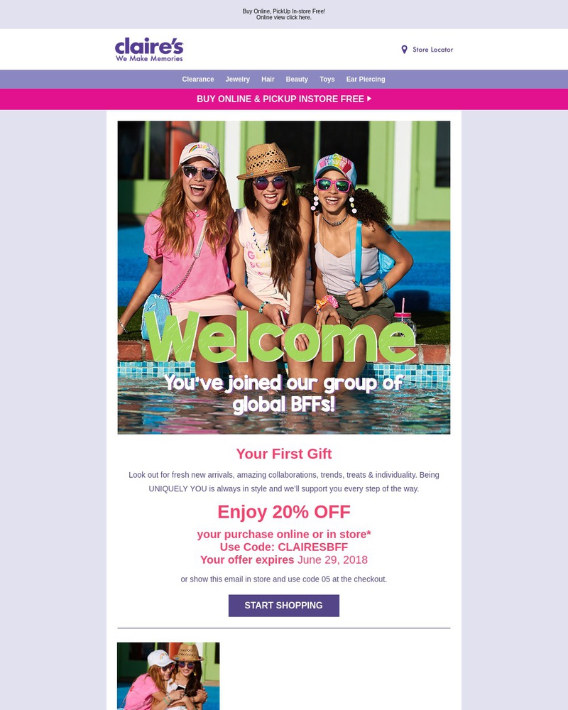 Screenshot of email sent to a Claire's Newsletter subscriber