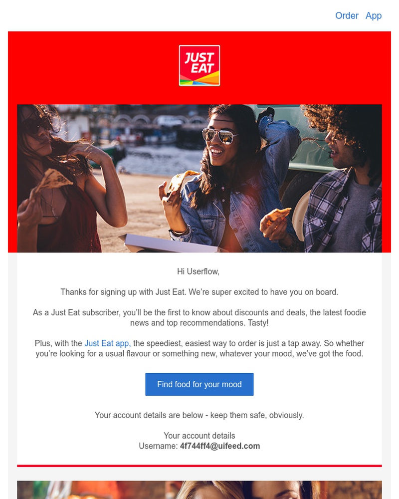 Screenshot of email sent to a Just Eat Registered user