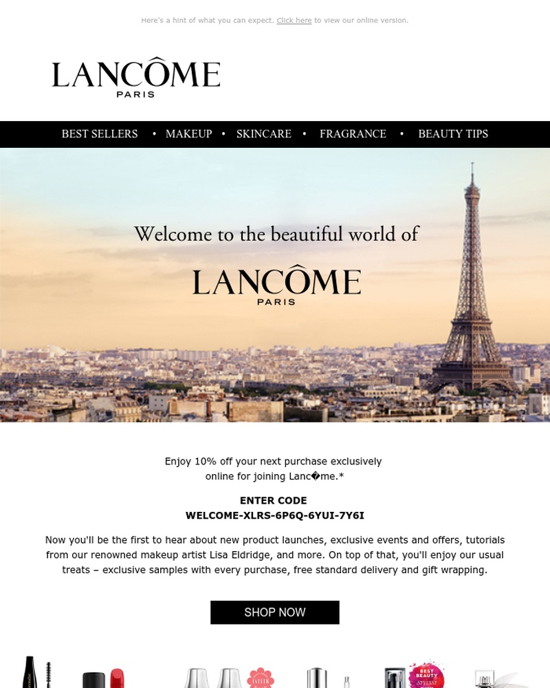 Screenshot of email sent to a Lancôme Newsletter subscriber