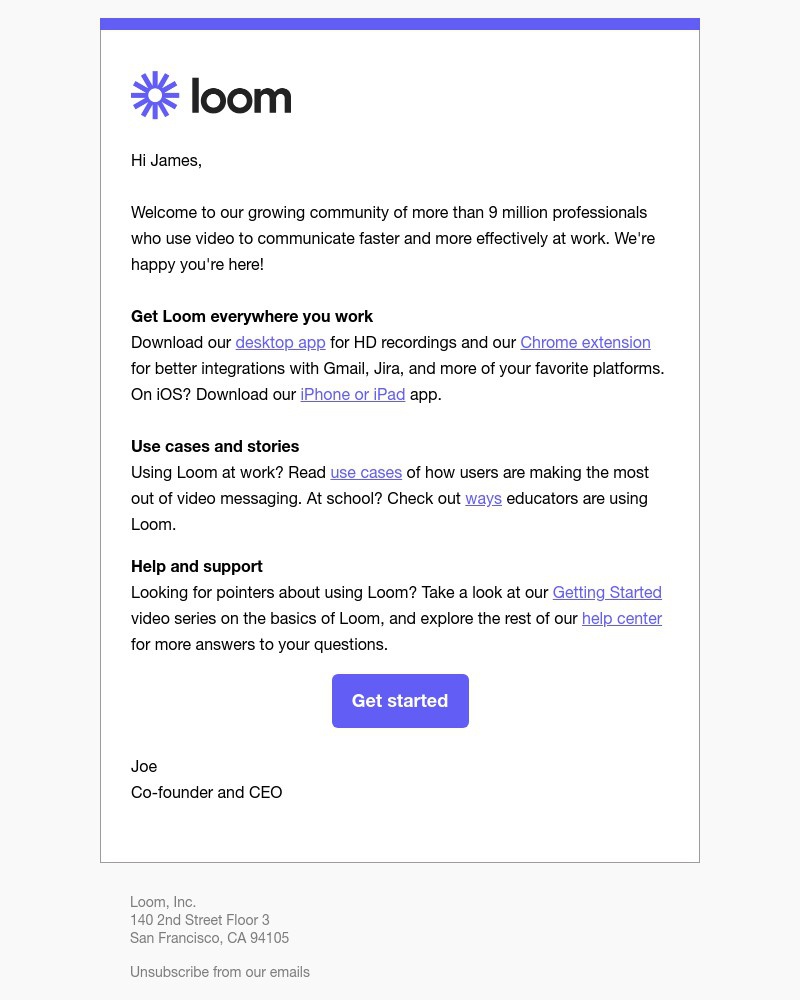 Screenshot of email sent to a Loom Invited user