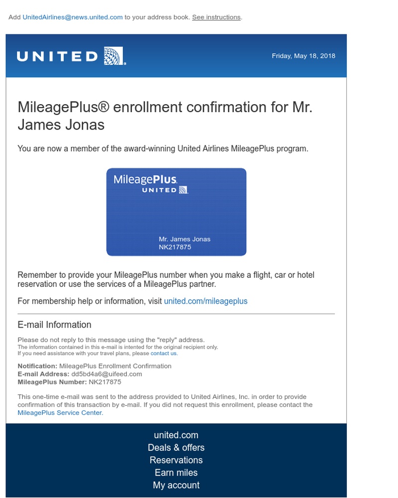 Screenshot of email sent to a United Registered user