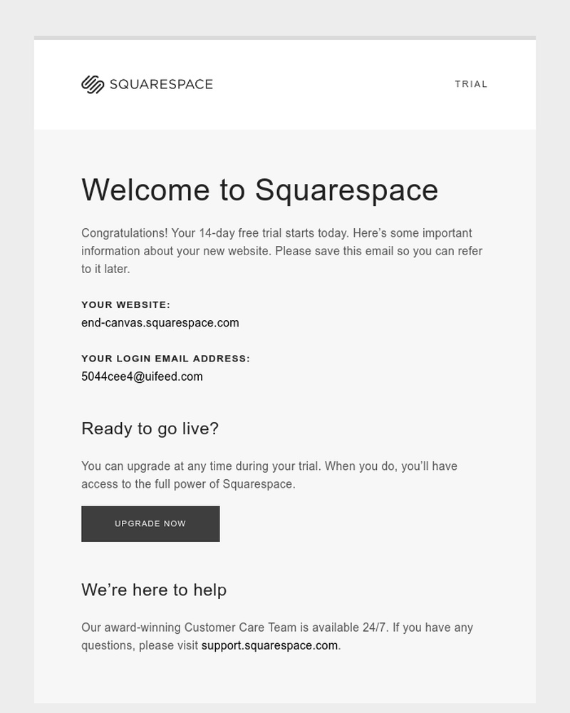 Screenshot of email sent to a Squarespace Trial user