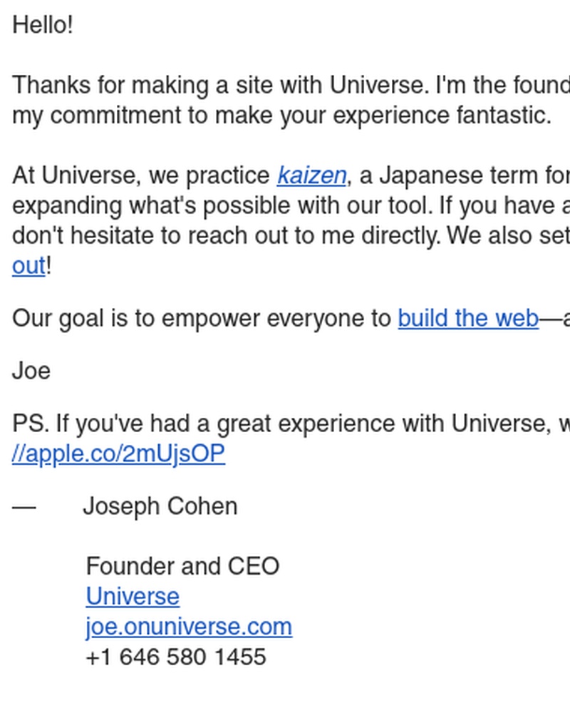 Screenshot of email sent to a Universe Registered user