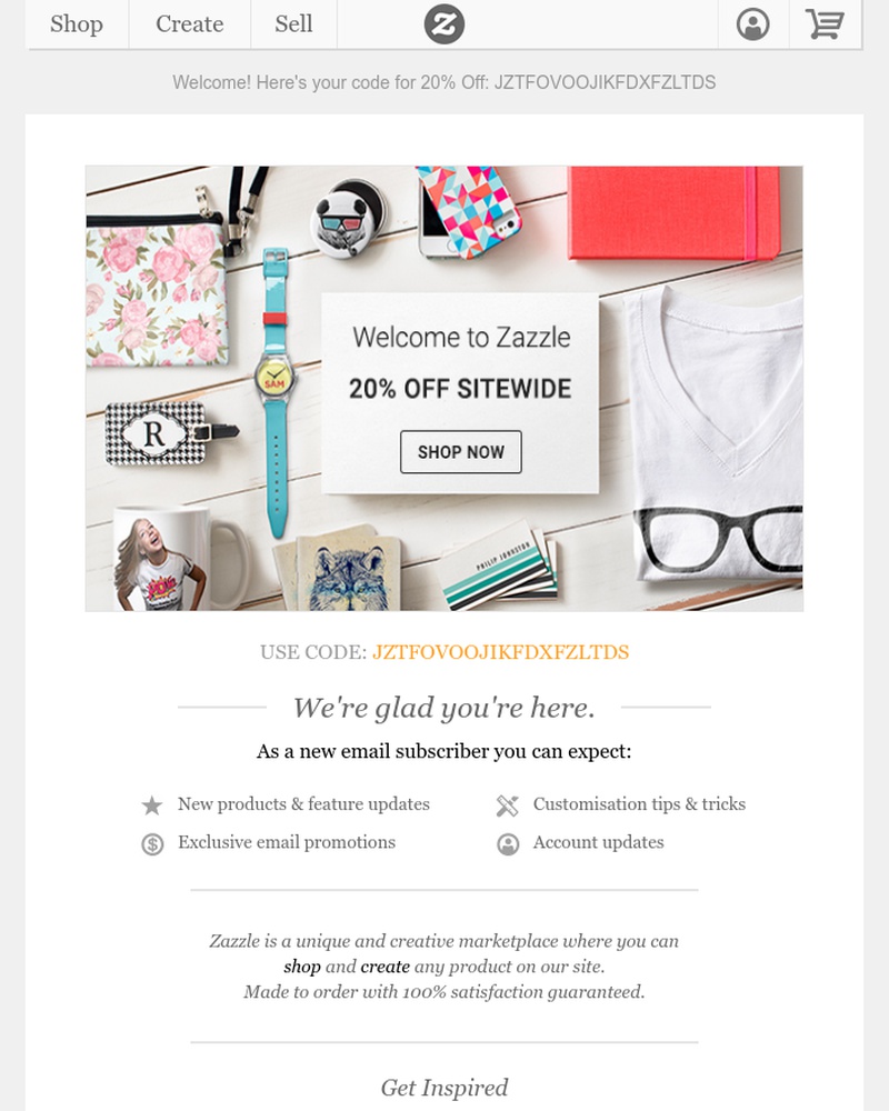 Screenshot of email sent to a Zazzle Newsletter subscriber