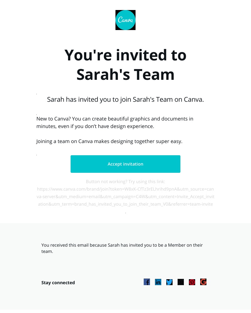 Screenshot of email sent to a Canva Invited user