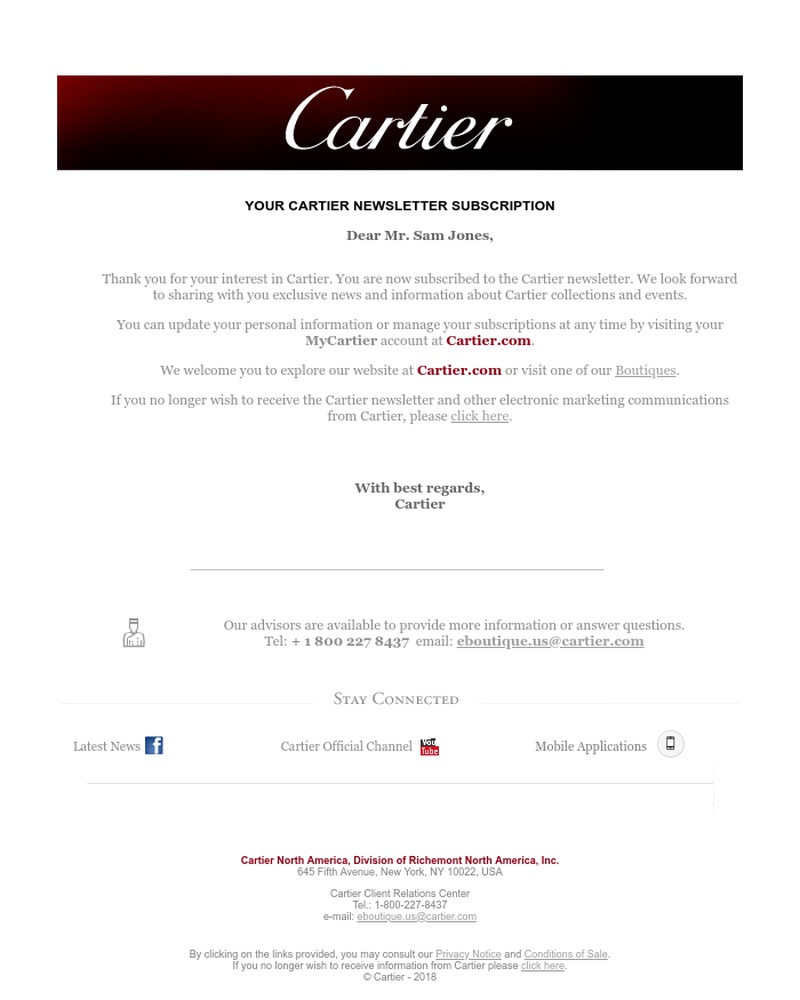 Screenshot of email sent to a Cartier Newsletter subscriber