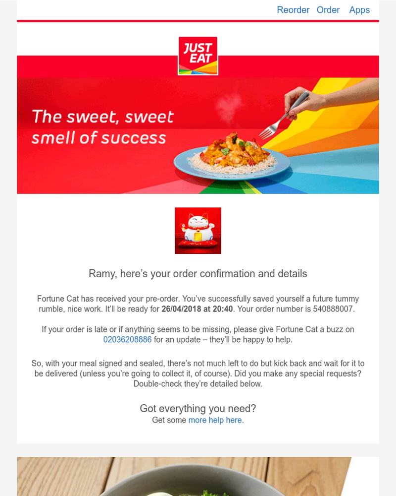 Screenshot of email sent to a Just Eat Customer