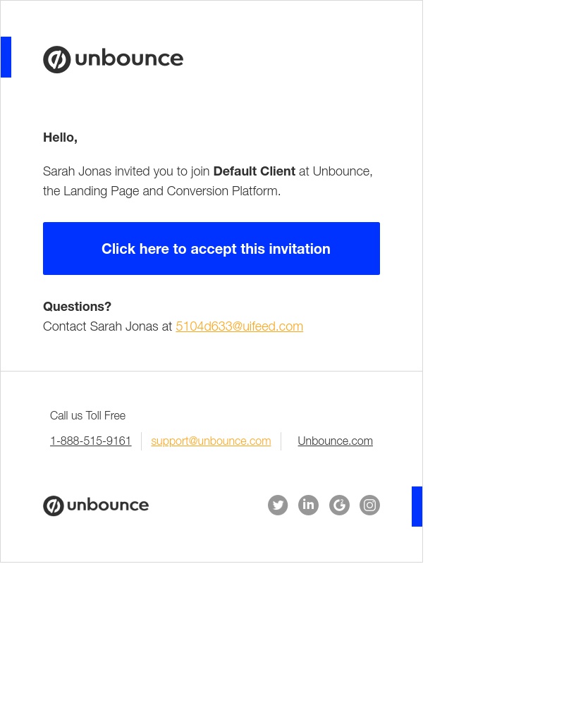 Screenshot of email sent to a Unbounce Invited user