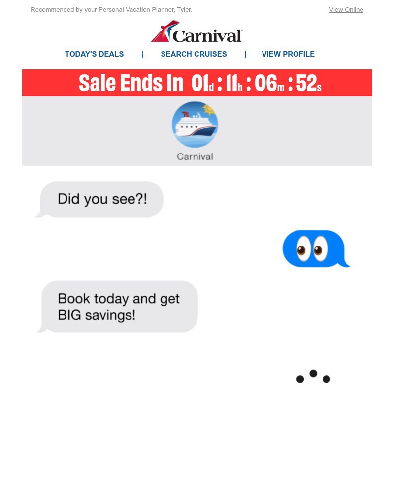 Screenshot of email sent to a Carnival Cruise Line Registered user